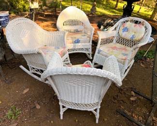 White Wicker Patio Furniture Set Chairs Rocker Floral Cushions Outdoor Porch Sunroom Lot