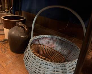 Antique Brown Stoneware Jug Crock Woven Wicker Basket Handle Farmhouse Primitive Country Decor Vintage Pottery Collectible