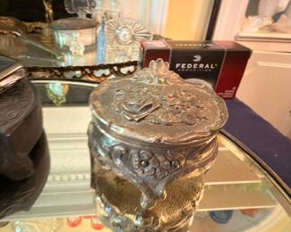 Antique Silver Repousse Jewelry Casket Trinket Box Ornate Floral Lid Victorian Vanity Dresser Box Collectible