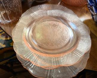 Pink Depression Glass Plates Platters Stacked Embossed Floral Pattern Scalloped Edge Vintage Glassware