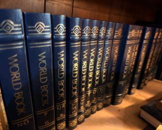 World Book Encyclopedia Complete Set Blue Gold Binding Vintage Reference Books Collection Shelf Decor