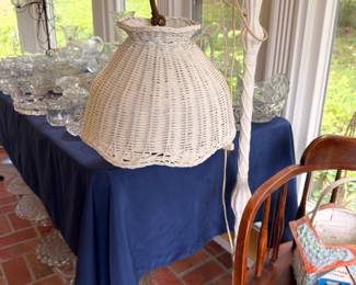 White Wicker Hanging Lamp Basket Crystal Glassware Table Blue Drape Sunroom Porch Vintage Decor