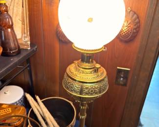 Victorian Parlor Lamp Ornate Brass Cast Metal Base White Milk Glass Globe Shade Antique Oil Lamp Converted Lighting