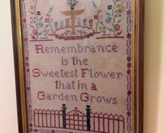 Framed Cross Stitch Sampler Remembrance Garden Quote Fountain Fence Flowers Gold Frame Vintage Needlework Embroidery Handmade Textile Art