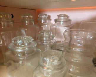 Clear Glass Apothecary Jars Canisters Lidded Storage Containers Bowls Vintage Kitchen Glassware Lot