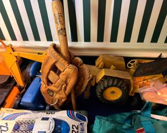 Vintage Baseball Glove Mitt Wood Bat Sports Equipment Leather Glove Assorted Toys Childrens Room Collectible