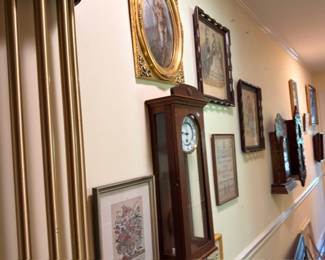 Gallery Wall Framed Art Collection Antique Gold Frames Prints Photographs Hallway Display Wood Cabinet Vintage Wall Decor Estate Art