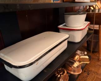 White Enamelware Red Trim Bread Box Pans Lids Vintage Farmhouse Kitchen Graniteware Collection Antique Cookware Estate Lot