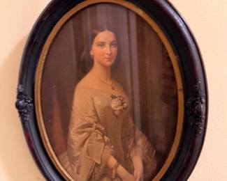 Antique Oval Portrait Painting Young Woman Victorian Dress Dark Wood Frame Oil Painting Hand Tinted Photograph 1800s Estate Art Collectible
