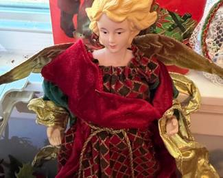 Large Angel Christmas Tree Topper Burgundy Red Gold Dress Gold Wings Porcelain Face Holiday Display Decoration Collectible