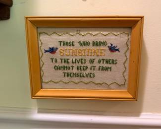 Framed Cross Stitch Needlework Sampler Sunshine Quote Gold Frame Vintage Embroidery Handmade Textile Art Wall Decor Collectible