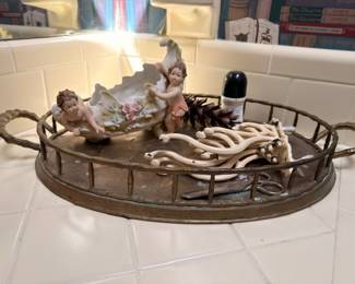 Decorative Metal Vanity Tray Porcelain Cherub Figurines Bathroom Accessories Ornate Brass Basket Victorian Style Decor Collectible