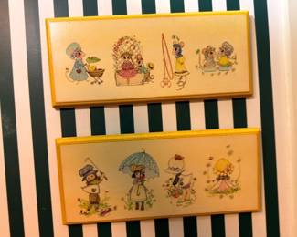 Pair Vintage Childrens Illustration Wood Plaques Girls Bonnets Nursery Wall Art Retro Kids Room Decor