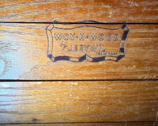 Wov-N-Wood by Jerywil Trademark Stamp Vintage Wood Picnic Basket Maker Mark Brand Label Detail