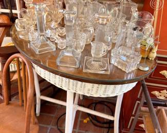 Crystal Glass Collection Vases Glasses Candy Dishes White Wicker Table Vintage Clear Glassware Lot