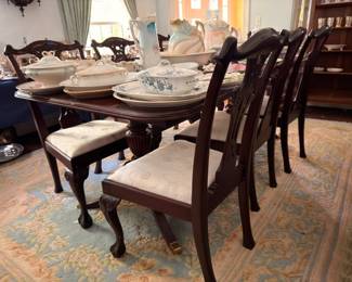 Dark Wood Chippendale Style Dining Table and Chairs Set Upholstered Seats Formal Dining Room Furniture