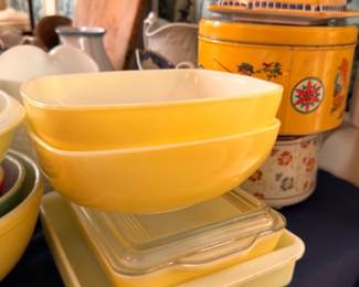 Yellow Pyrex Mixing Bowl Ceramic Cookie Jar Canister Lid Refrigerator Dish Vintage Kitchen Collectible