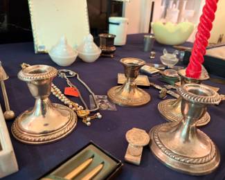 Silver Plate Candlesticks Pewter Pieces Milk Glass Red Candles Vintage Table Display Lot