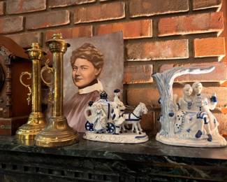 Staffordshire Style Porcelain Figurine Blue White Brass Candlestick Portrait Painting Mantel Antique