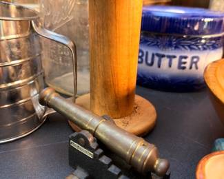 Antique Brass Cannon Model Wood Base Wooden Spool Bobbin Blue Stoneware Butter Crock Vintage Collectibles