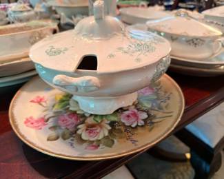 Porcelain Covered Dish Rose Floral Pattern Matching Plate Blue Tint Lid Vintage China Serving