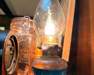 Antique Blue Glass Oil Lamp Glass Chimney Brass Burner Victorian Kerosene Lamp Vintage Lighting Farmhouse Country Collectible