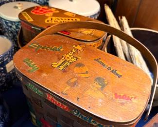 Vintage Woven Picnic Baskets Hand Painted Decorated Wooden Lids Children Illustrations Antique Basket Purse Collection