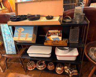 Vintage Kitchen Lot Meat Grinder Cookie Press Cast Iron Pans Enamelware Copper Molds Graters Collectible