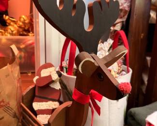 Wood Reindeer Figure Container Folk Art Christmas Decoration Antlers Red Ribbon Holiday Display Collectible