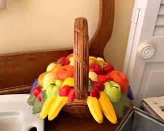 Ceramic Fruit Basket Centerpiece Colorful Fruits Bananas Apples Wicker Handle Vintage Kitchen Counter Decor