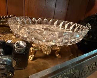 Crystal Cut Glass Footed Bowl Compote Brass Gold Feet Ornate Base Vintage Centerpiece Elegant Glassware Victorian Style Collectible