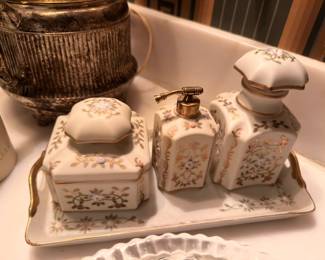 Porcelain Vanity Dresser Set Hand Painted Floral Gold Trim Perfume Bottle Trinket Box Tray Vintage