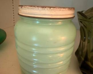 Vintage Green Glass Ribbed Canister Jar With Lid Jadeite Style Kitchen Collectible