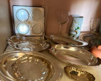 Silver Plate Serving Trays Platters Hand Painted Pitcher Glass Baking Dish Vintage Kitchen Dining Lot