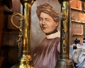 Pair Tall Brass Candlesticks Antique Victorian Portrait Photograph Brick Fireplace Mantel Vintage Brass Decor Collectible