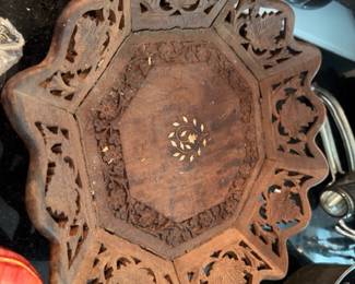 Carved Wood Fretwork Tray Bowl Brass Inlay Pierced Edge Indian Rosewood Decorative Vintage Woodwork