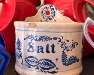 Blue White Stoneware Salt Crock Lettered Floral Leaf Design Antique Kitchen Pottery Vintage Farmhouse