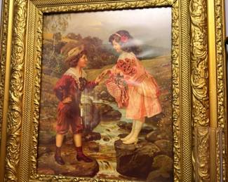 Antique Victorian Oil Painting Children by Stream Ornate Gold Gilt Frame 19th Century Art