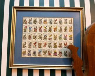 Framed Stamp Collection Sheet Birds Wildlife Postage Stamps Blue Mat Gold Frame Wall Art Philately Collectible