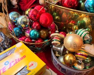 Vintage Glass Christmas Ornaments Large Basket Lot Shiny Brite Style Red Blue Green Gold Silver Striped Mercury Glass Holiday Decorations Collectible