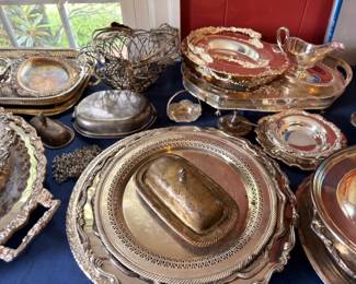 Silver Plate Collection Ornate Trays Bowls Covered Dishes Pierced Basket Serving Pieces Vintage Silverplate Lot