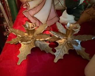 Brass Holly Leaf Christmas Candle Holder Centerpiece Vintage Holiday Table Decor
