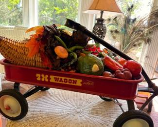 Vintage Red Metal Wagon Artificial Fruit Vegetables Fall Harvest Display Centerpiece Wicker Basket Seasonal Decor Collectible