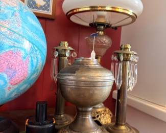 Antique Brass Oil Lamp White Milk Glass Shade Globe Pedestal Base Victorian Parlor Lighting Vintage