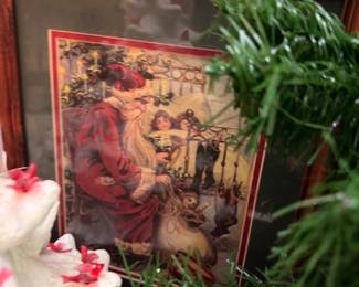 Framed Victorian Christmas Print Santa Claus Children Scene Wood Frame Vintage Holiday Art Wall Decor Collectible