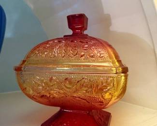 Amberina Red Pressed Glass Covered Candy Dish Compote Pedestal Base Vintage Art Glass Collectible