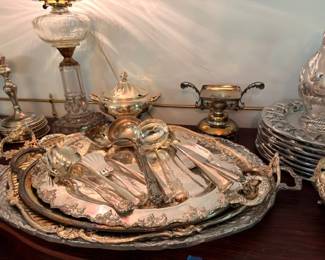 Silver Plate Flatware Serving Set Ornate Tray Crystal Oil Lamp Covered Dishes Vintage Silverplate