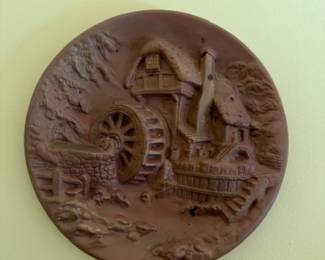 Vintage Carved Wood Wall Plaque Watermill Cottage Scene Round Relief Carving Rustic Country Decor Collectible