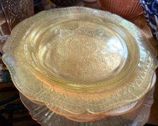 Yellow Amber Depression Glass Cake Plate Platter Embossed Floral Pattern Scalloped Edge Vintage Glassware