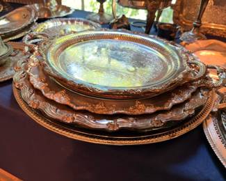Silver Plate Serving Trays Platters Stacked Ornate Scalloped Edge Vintage Silverplate Lot
